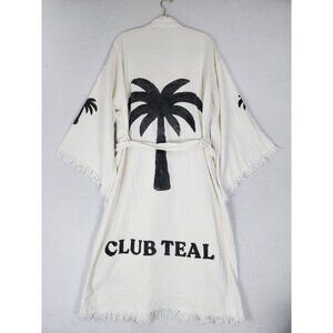 Club Teal Robe Womens One Size Cream Off White Hand Made Palm Tree Resort Kimono